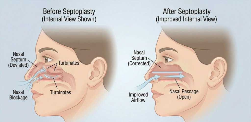 a professional animated medical illustration image showing a side-by-side comparison of facial side-profile views before and after septoplasty surgery