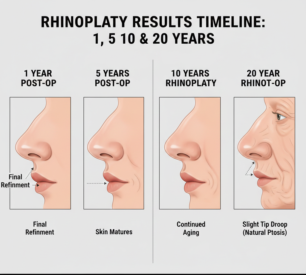 Timeline showing rhinoplasty results at 1, 5, 10, and 20 years post-surgery demonstrating lasting improvements with natural aging
