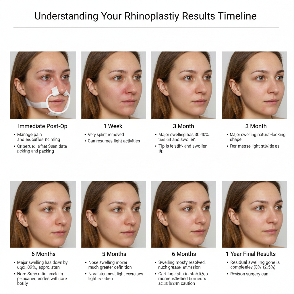 A comprehensive medical infographic titled "Understanding Your Rhinoplasty Results Timeline". It features a horizontal progression of eight high-resolution photos of a woman's face, documenting the healing journey from Immediate Post-Op (with splint and bruising) to 1 Year Final Results. Each phase is accompanied by bullet points describing swelling reduction, nasal definition, and activity milestones
