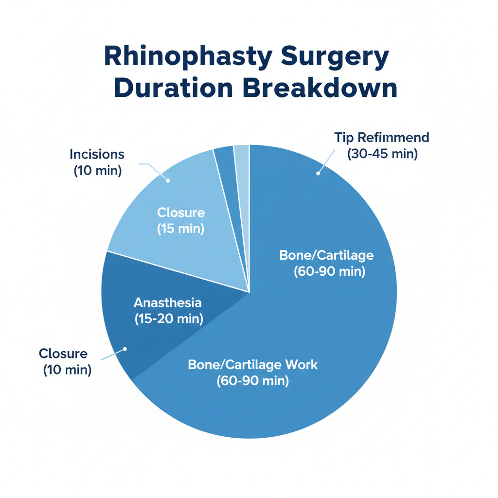 A clinical infographic titled "Rhinoplasty Surgery Duration Breakdown" featuring a segmented pie chart. It illustrates the typical time spent on each surgical stage: Anesthesia (15-20 min), Incisions (10 min), Bone/Cartilage Work (60-90 min), Tip Refinement (30-45 min), and Closure (15 min). The design uses a professional blue-toned palette on a solid white background.