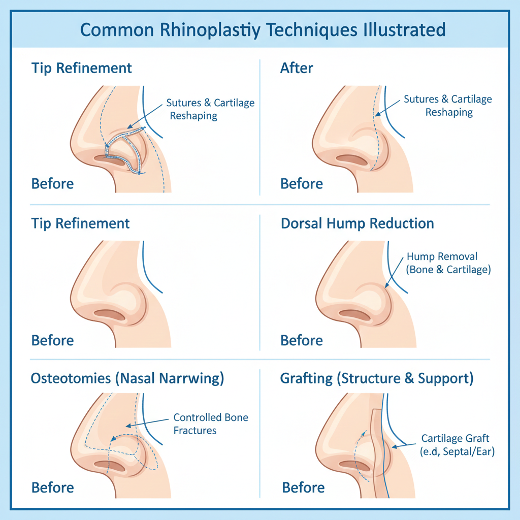 A two-column medical infographic titled "First Week Rhinoplasty Recovery: Do's and Don'ts." The "Do's" side features icons for head elevation, cold compresses, and hydration. The "Don'ts" side uses red "X" marks over icons for bending over, wearing glasses, and blowing the nose. The design is clean and easy to read, intended for post-operative patient guidance.