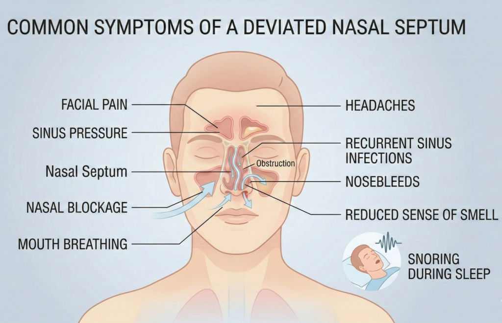 Illustrated diagram showing common deviated septum symptoms including nasal obstruction, mouth breathing, snoring, and facial pain