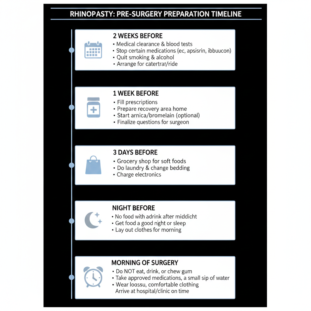 Pre-Surgery Preparation Timeline - a visual calendar showing what to do 2 weeks before, 1 week before, 3 days before, night before, and morning of surgery
