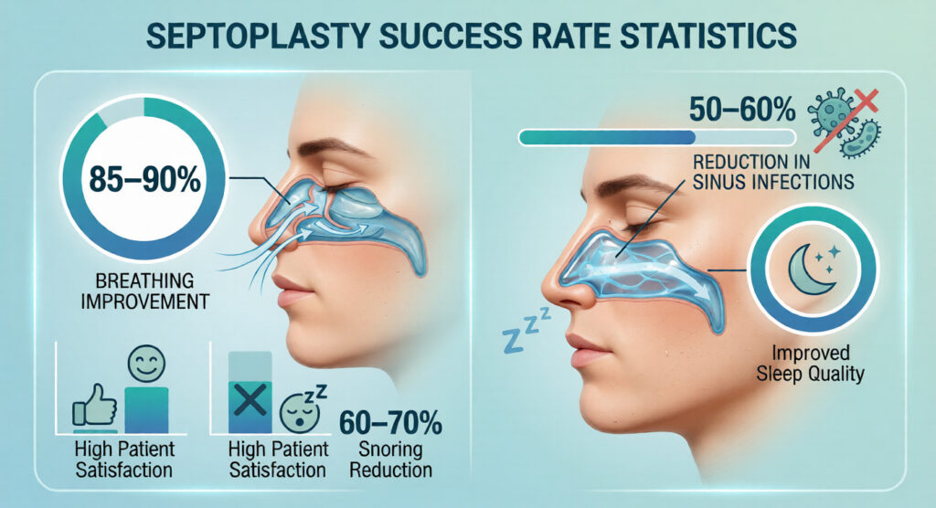 Infographic showing septoplasty success rates including 85–90 percent breathing improvement and high patient satisfaction.