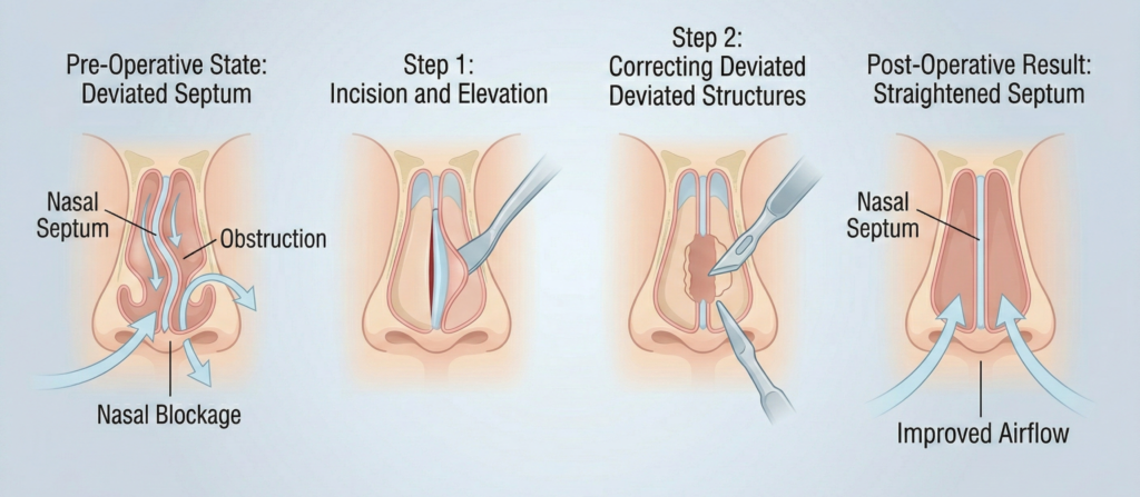a professional medical illustration image showing the step-by-step septoplasty procedure in a horizontal layout