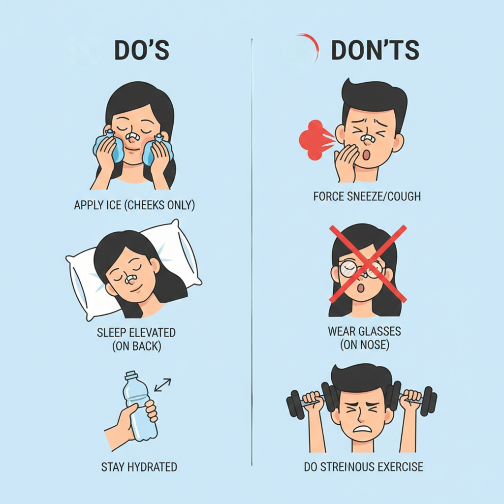 Rhinoplasty recovery tips infographic showing what to do and avoid after nose surgery