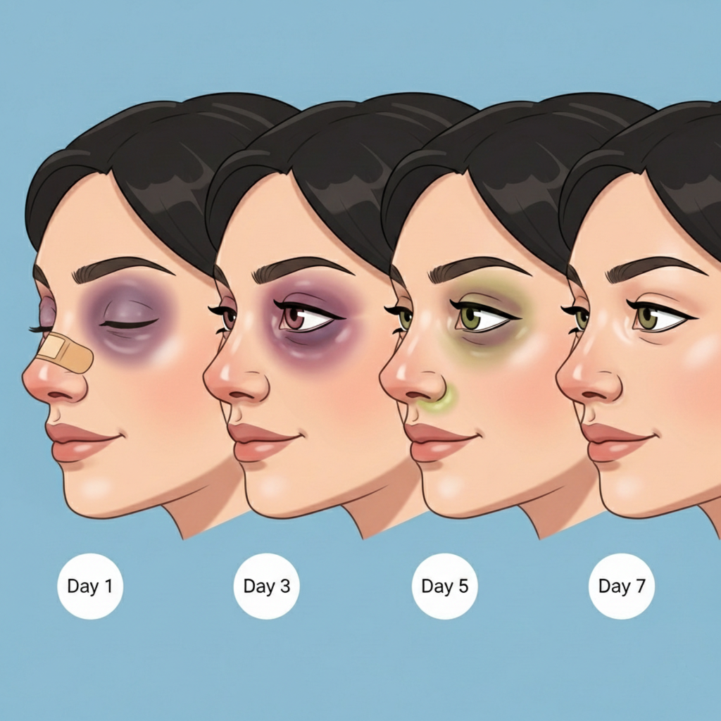 Rhinoplasty recovery progression photos showing swelling and bruising from day 1 to day 7