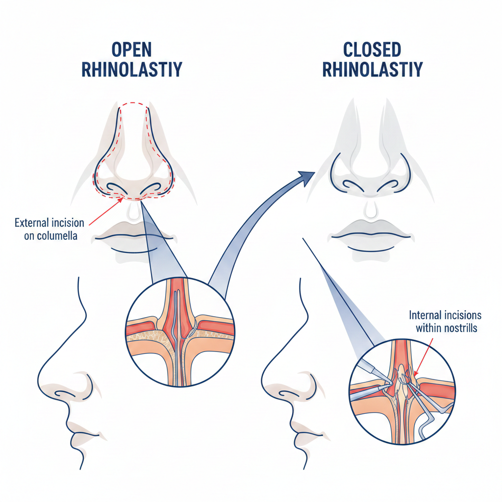 Diagram comparing open rhinoplasty external incision versus closed rhinoplasty internal incisions