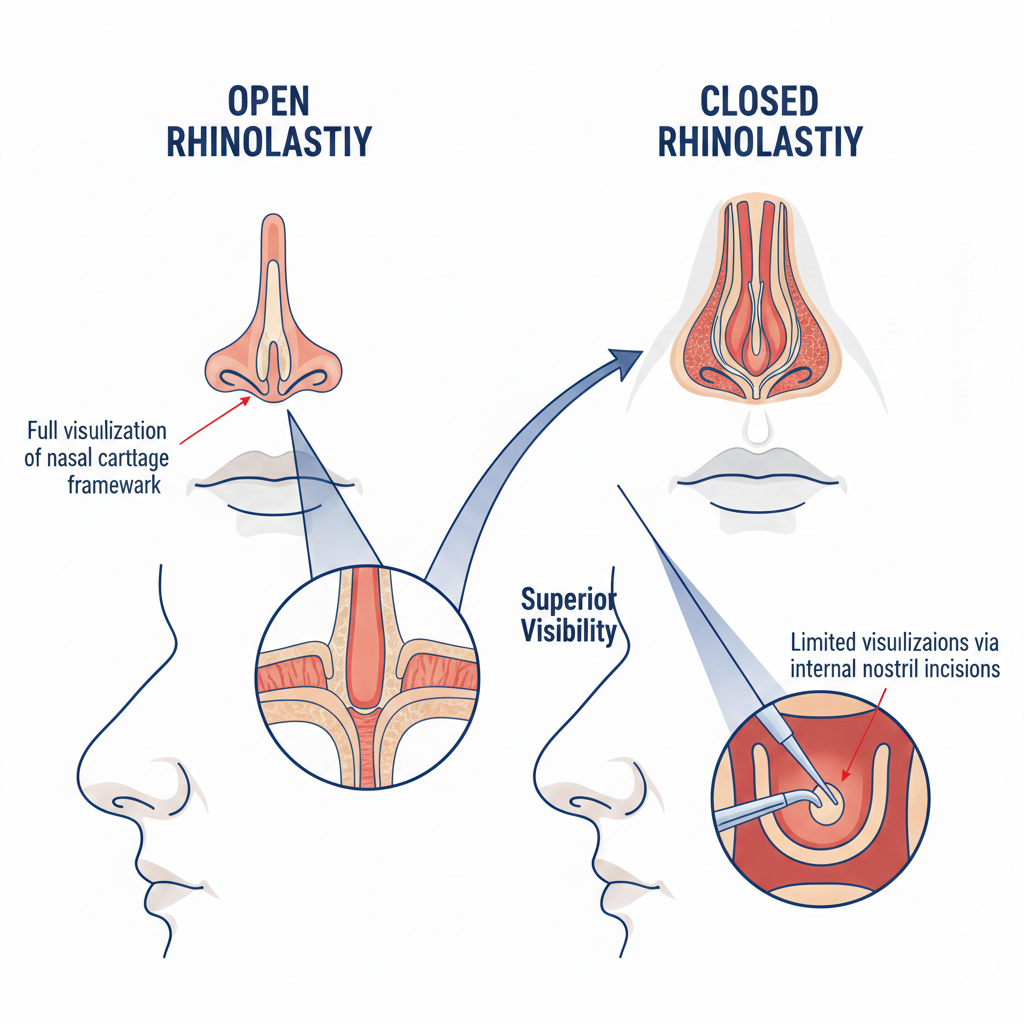Comparison of surgical exposure in open versus closed rhinoplasty showing visibility differences