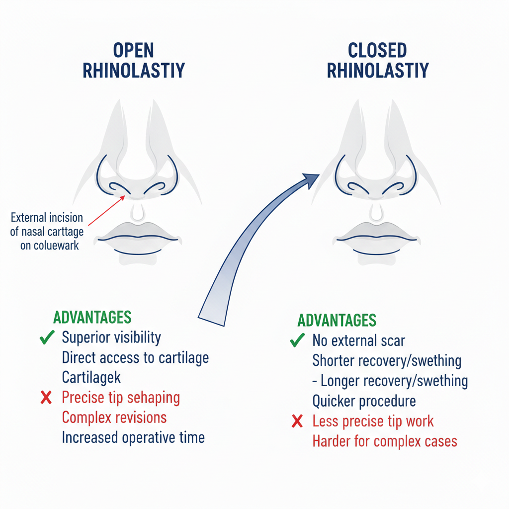 Chart comparing advantages and disadvantages of open versus closed rhinoplasty techniques
