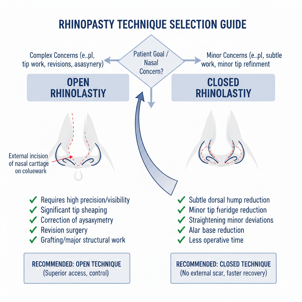 Flowchart guide for understanding whether open or closed rhinoplasty might be recommended