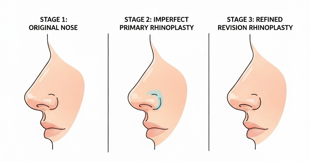 Animated illustration showing three-stage revision rhinoplasty progression from original nose shape to primary surgery outcome and improved revision rhinoplasty result.