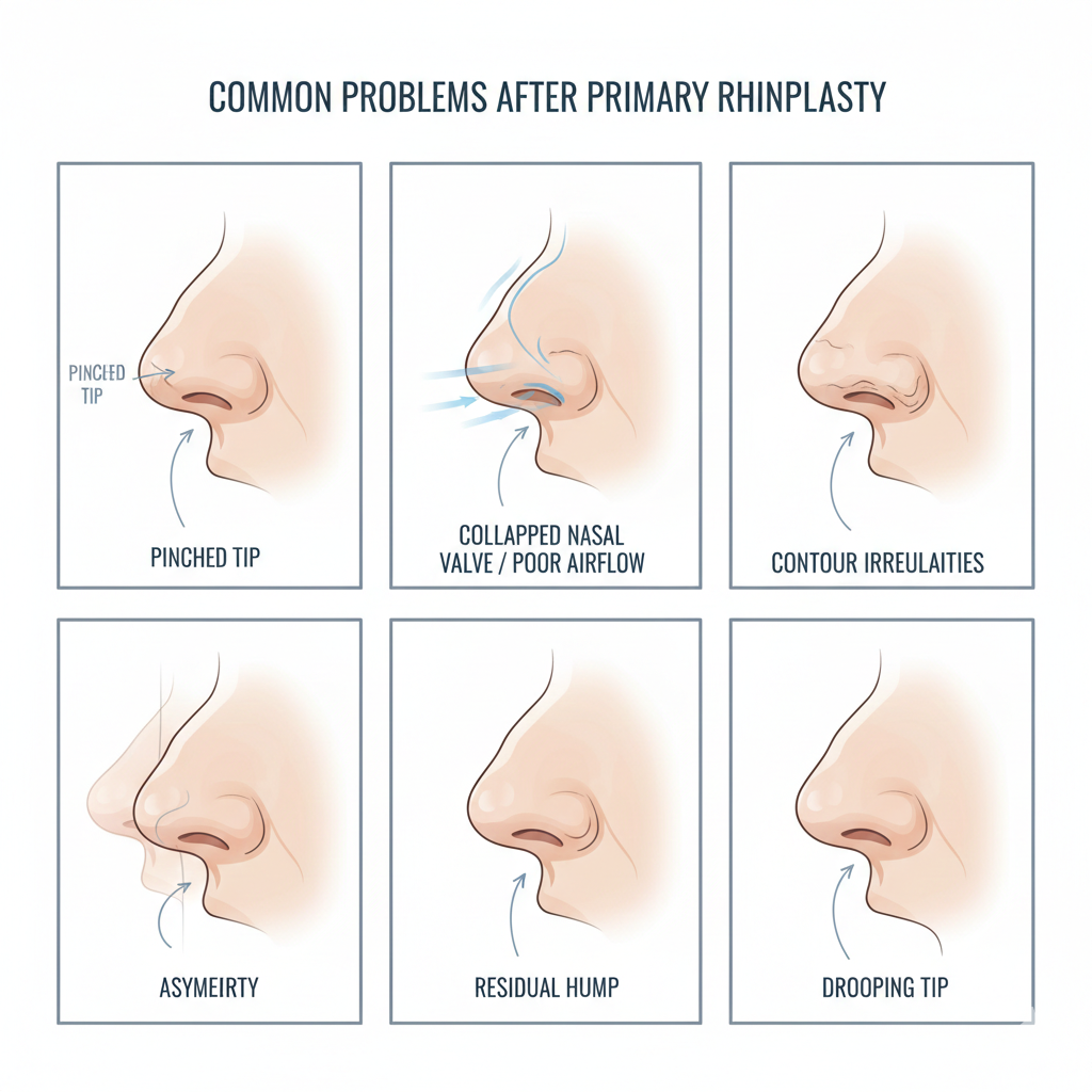 Animated medical illustration showing common complications after primary rhinoplasty including pinched tip, nasal valve collapse, and contour irregularities requiring revision surgery