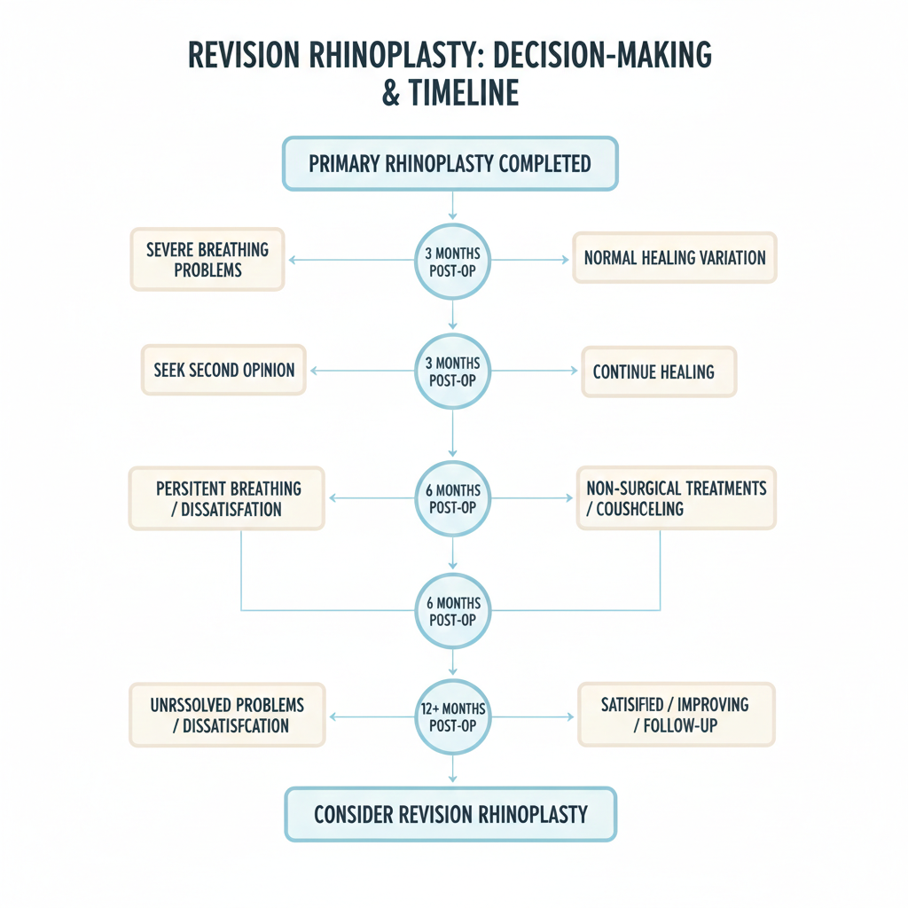 Animated medical flowchart showing decision timeline and factors for considering revision rhinoplasty surgery