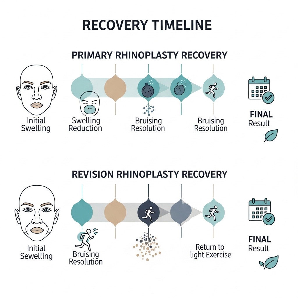 Animated infographic comparing recovery timelines between primary rhinoplasty and revision rhinoplasty surgery