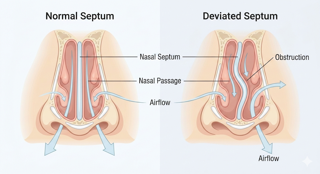 Medical illustration comparing normal straight nasal septum with deviated septum partially blocking airflow