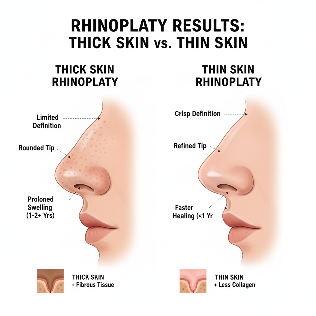 Comparison showing rhinoplasty outcomes on thick skin versus thin skin patients demonstrating different healing characteristics