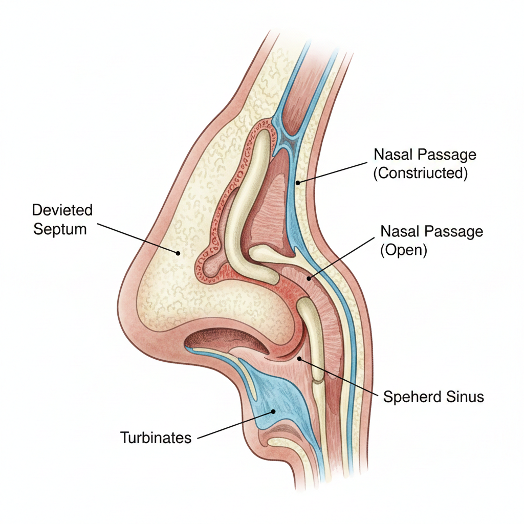 Comparison showing normal straight nasal septum versus deviated septum blocking airflow