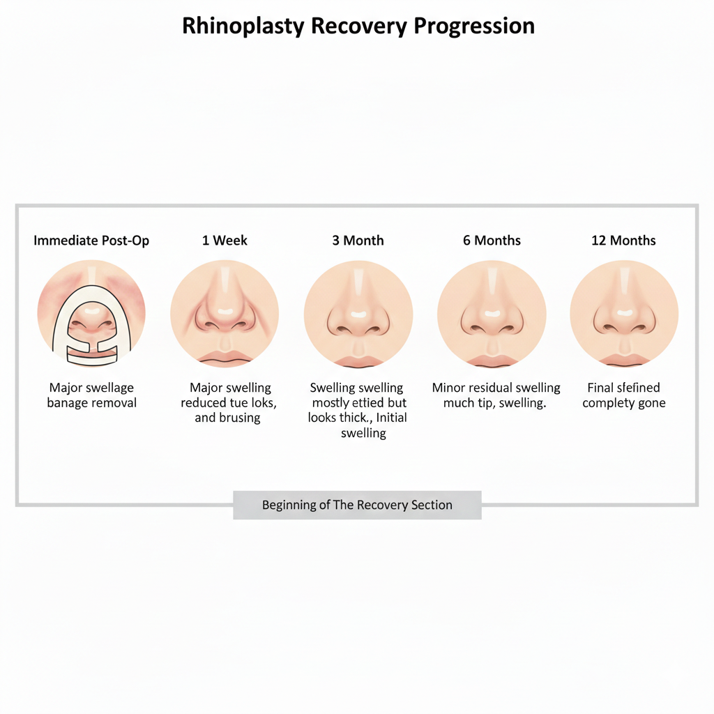 Rhinoplasty recovery progression showing swelling reduction over 12 months