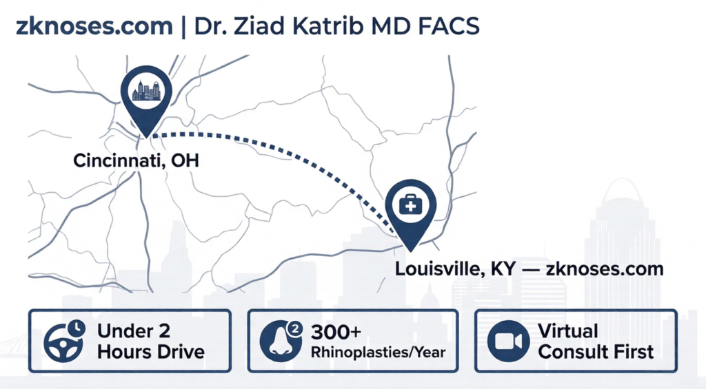 Infographic showing Cincinnati Ohio to Louisville Kentucky patient journey for rhinoplasty with Dr. Ziad Katrib MD FACS – under 2 hours drive, 300 plus rhinoplasties per year, virtual consultation available first at zknoses.com