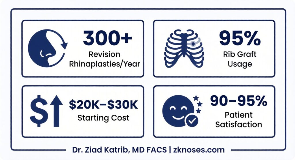 Revision rhinoplasty stats infographic – 300+ surgeries per year, 95% rib graft usage, cost starting at $34,000, and 90 to 95% patient satisfaction rate at zknoses.com