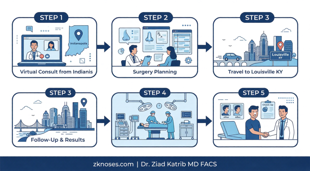 Step-by-step patient journey infographic for Indianapolis revision rhinoplasty patients – virtual consult, surgery planning, travel to Louisville, surgery day, and follow-up