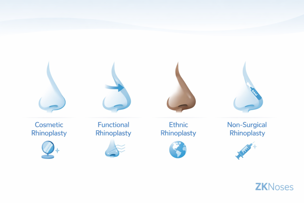 ZKNoses animated infographic showing types of rhinoplasty procedures