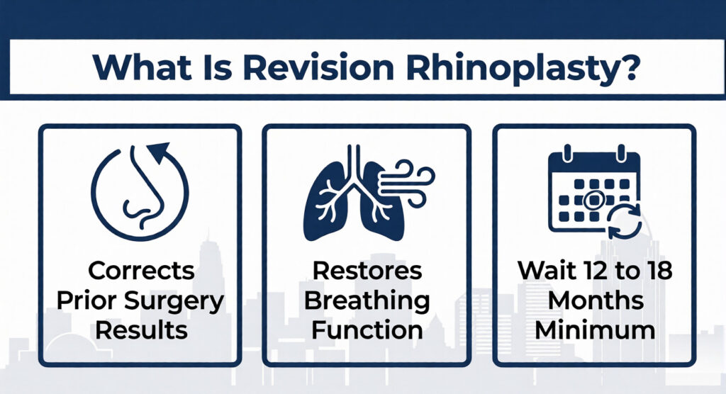 Revision rhinoplasty infographic for Cincinnati Ohio patients showing three key facts: corrects prior surgery results, restores breathing function, and requires waiting 12 to 18 months minimum – Dr. Ziad Katrib MD FACS zknoses.com