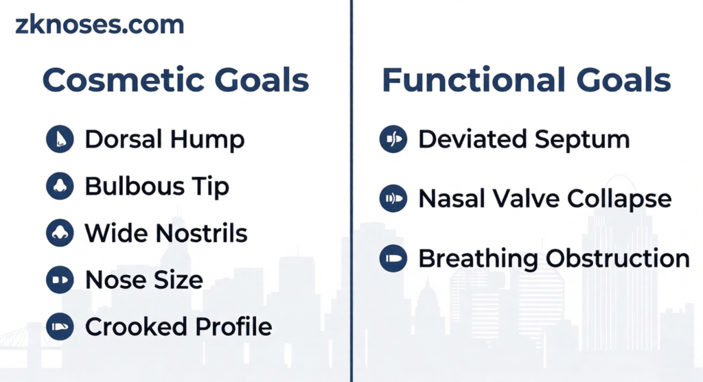 Rhinoplasty Cincinnati Ohio infographic showing cosmetic goals including dorsal hump, bulbous tip, wide nostrils, nose size and crooked profile versus functional goals including deviated septum, nasal valve collapse and breathing obstruction – Dr. Ziad Katrib MD FACS zknoses.com